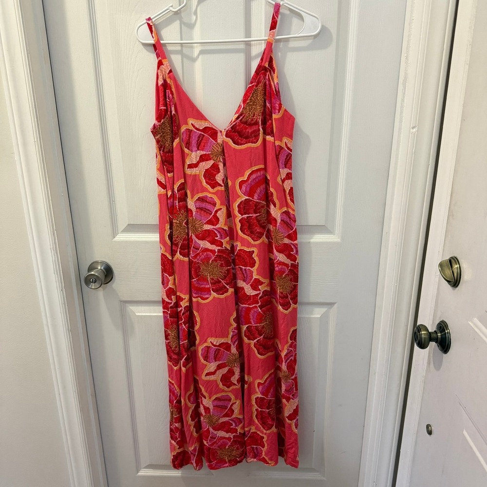 LOFT Women Size 4 Floral‎ Maxi Dress Pink Red Sleeveless V Neck Linen Sundress